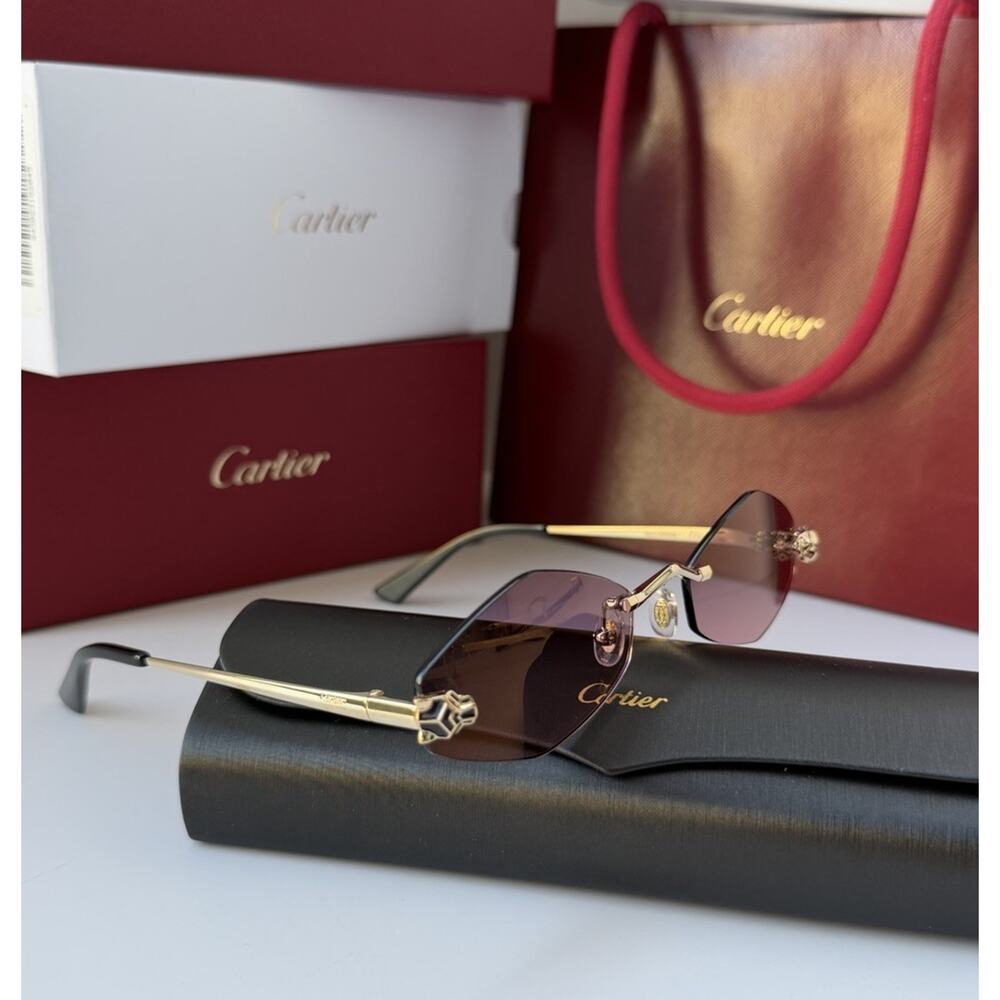CARTIER Panthere De Cartier Sunglasses CT0433S 004 Gold Violet Lens AUTHENTIC - Picture 3 of 13